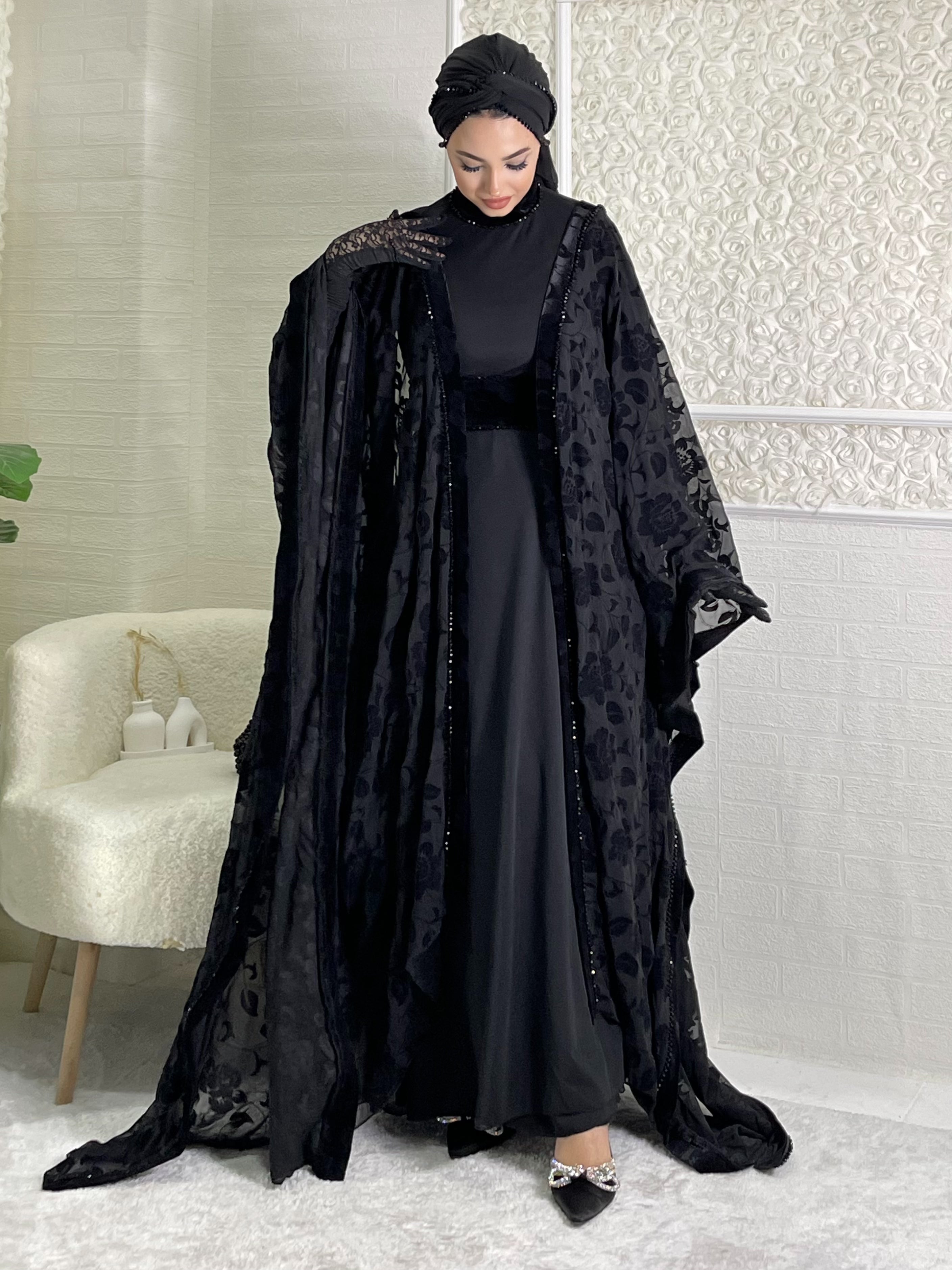 Black Beaded Flock Printed Rose Patterned Stylish Abaya