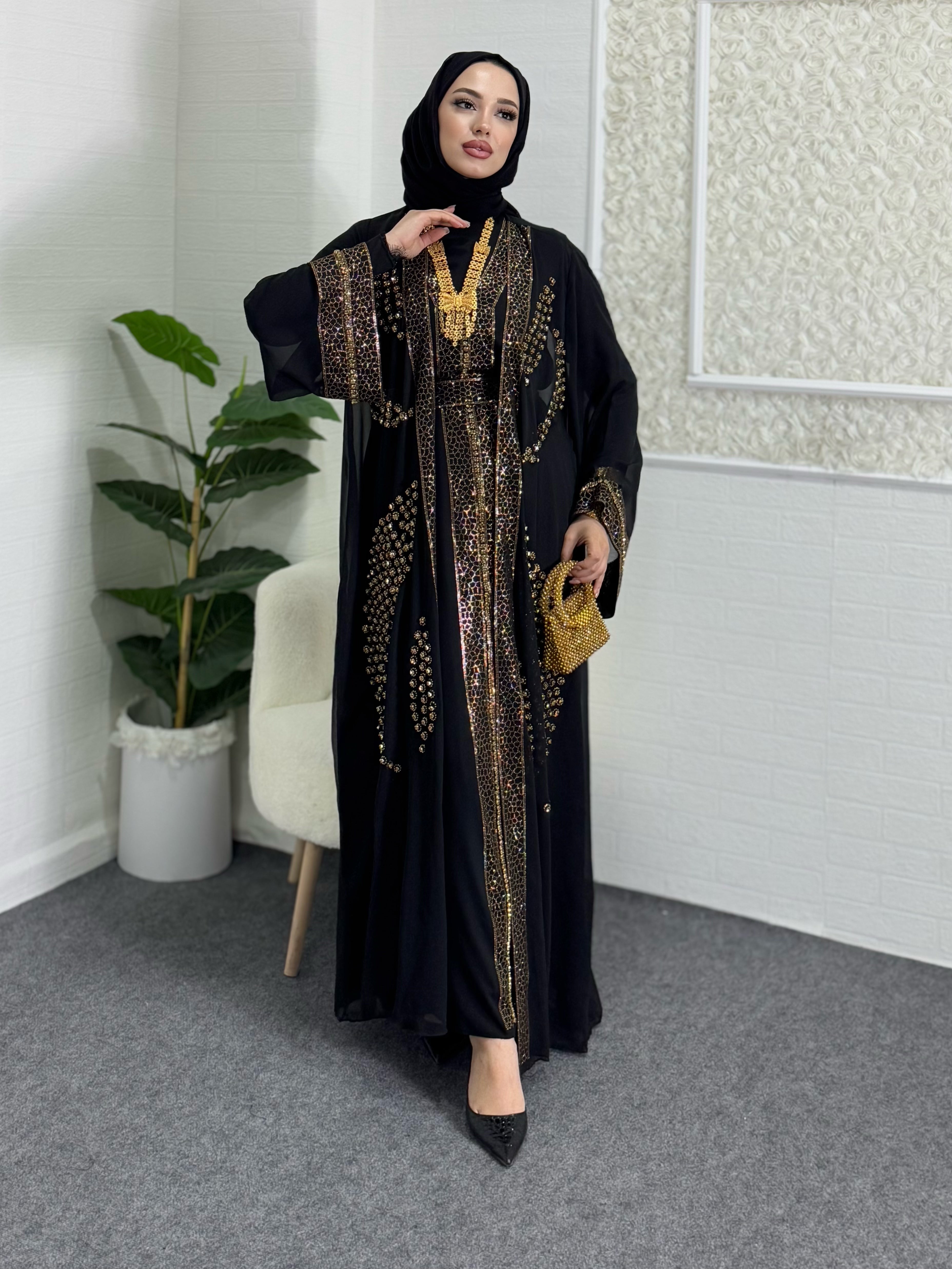 Önü Açık Gold Yöresel Abaya