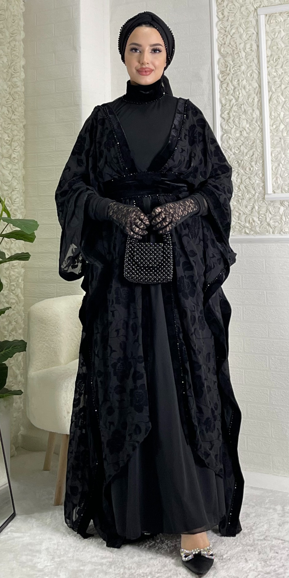 Black Beaded Flock Printed Rose Patterned Stylish Abaya