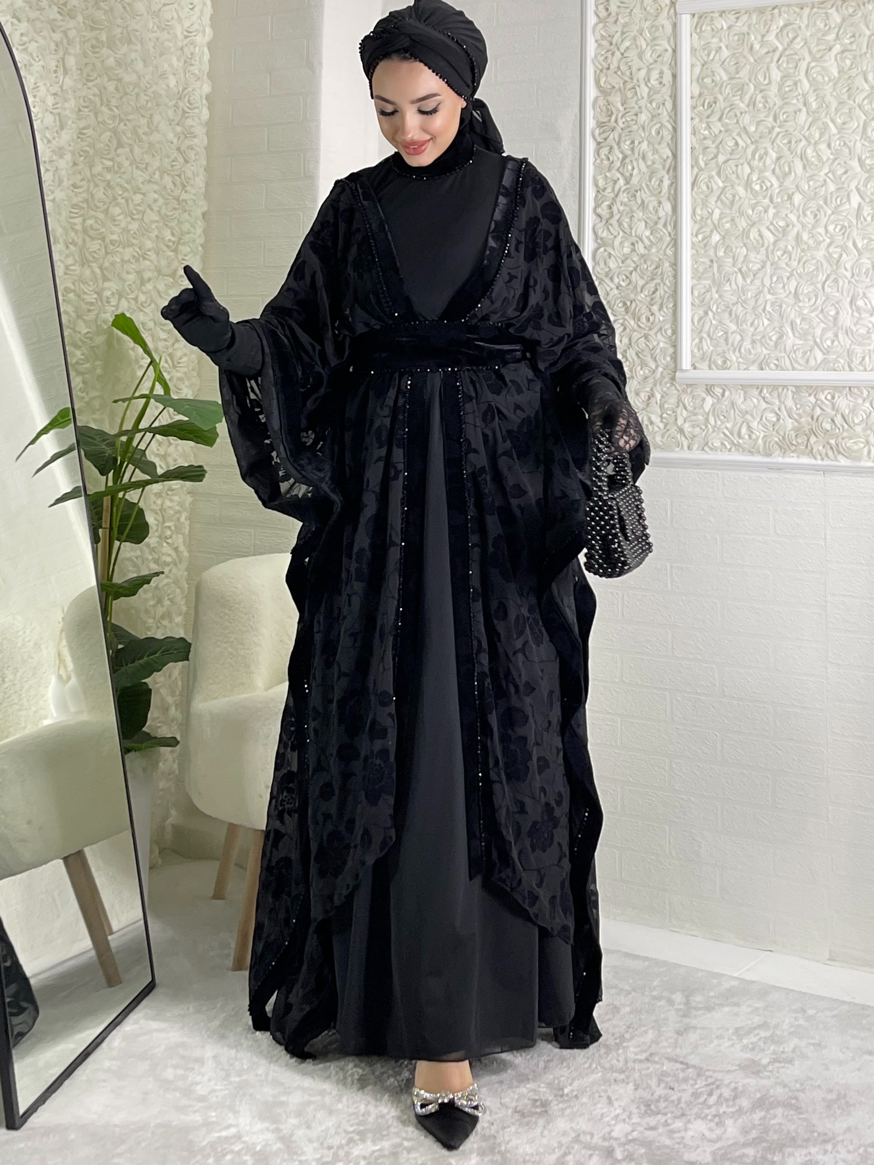 Black Beaded Flock Printed Rose Patterned Stylish Abaya