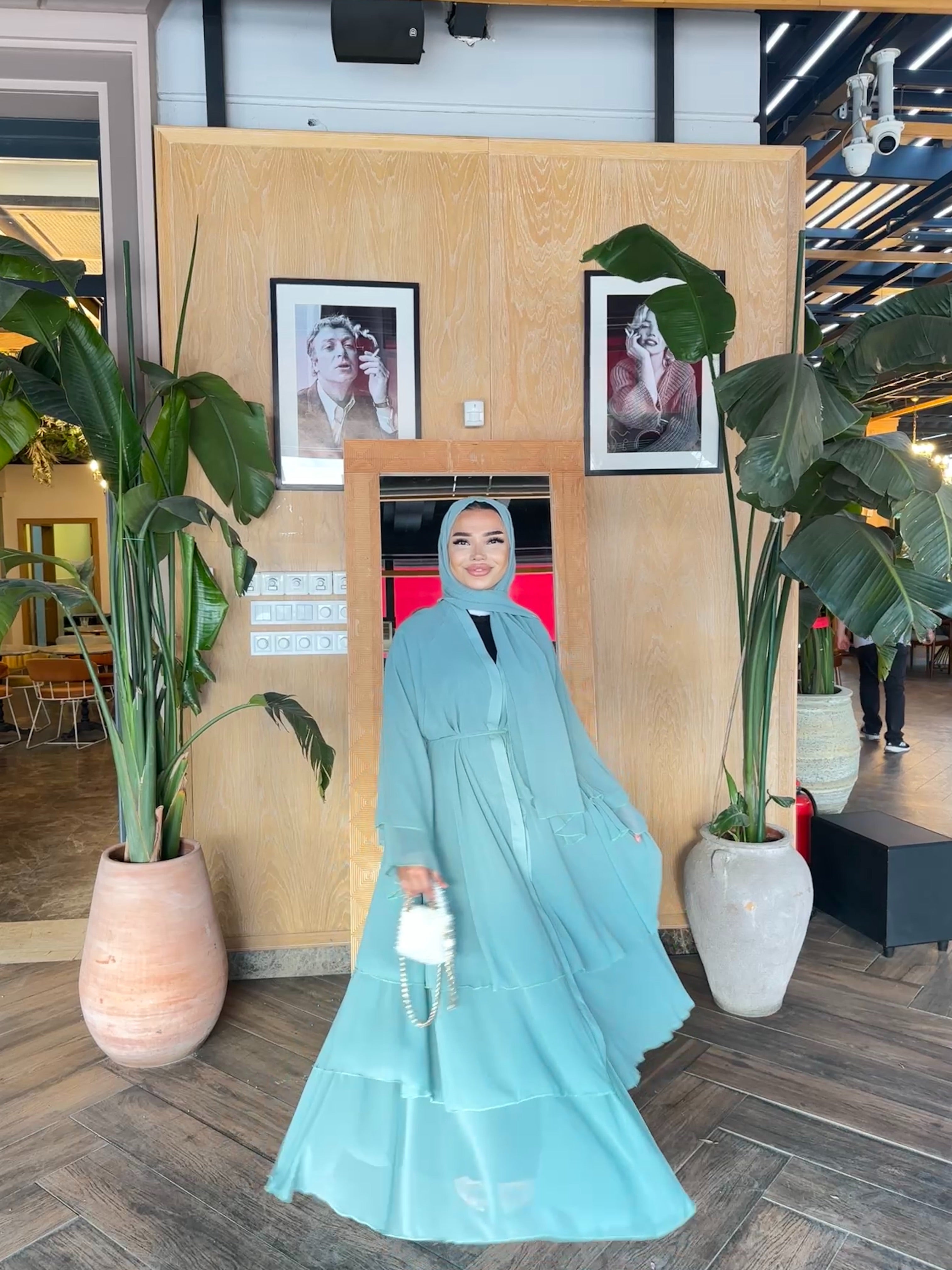 Mint Yeşili 3 Katli Şifon Abaya