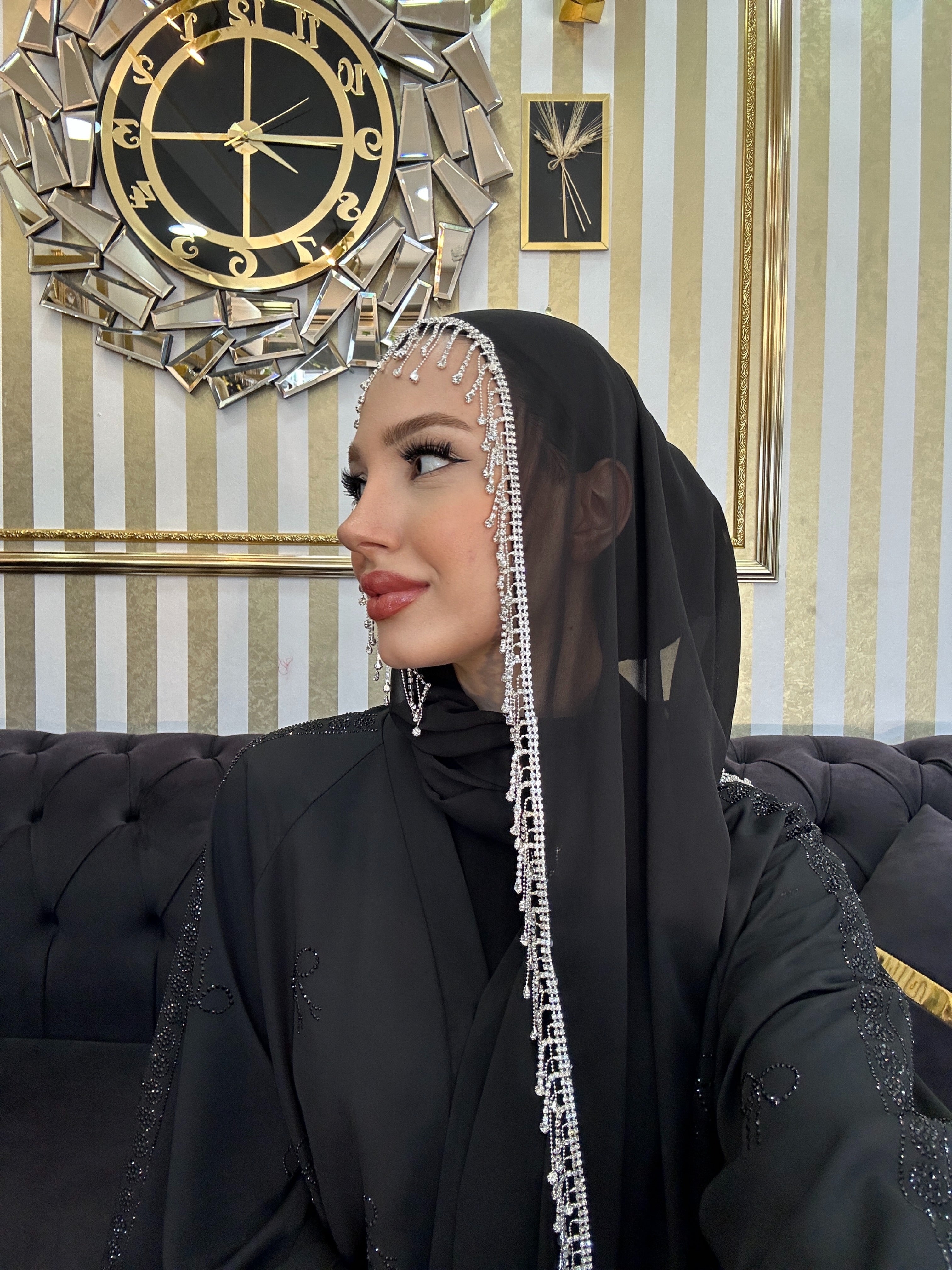 Zincir Taş Sallantılı Şifon Siyah Şal