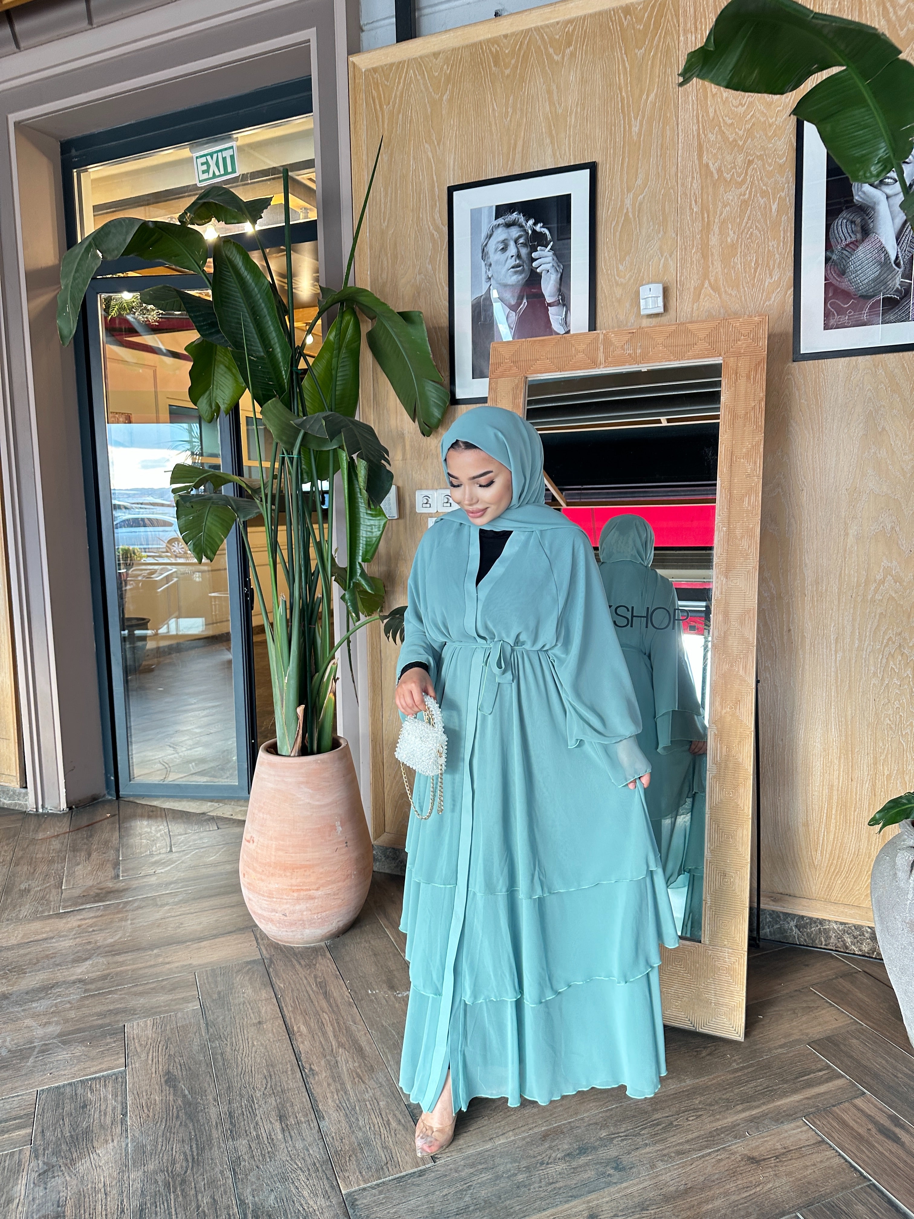 Mint Yeşili 3 Katli Şifon Abaya