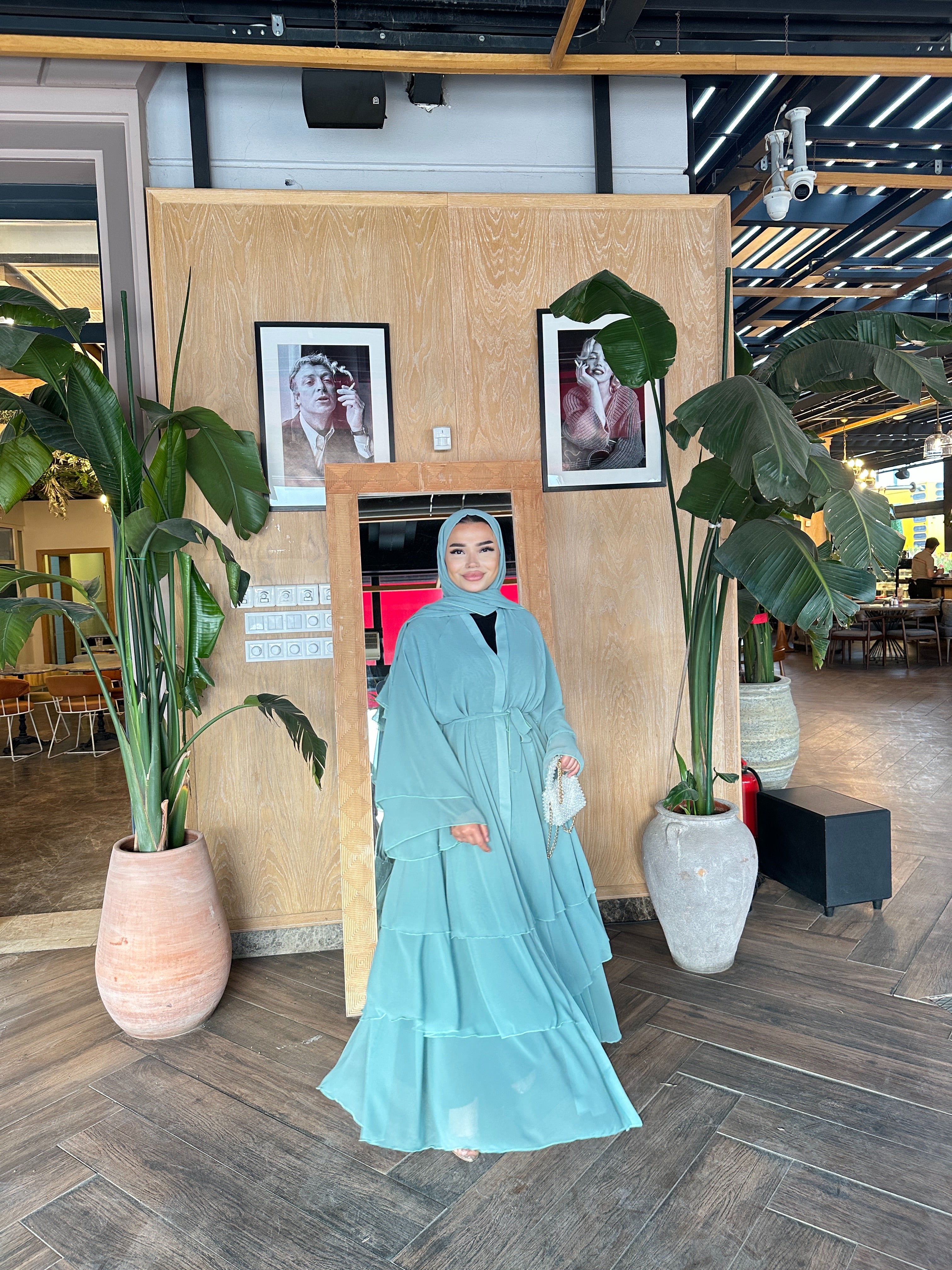 Mint Yeşili 3 Katli Şifon Abaya