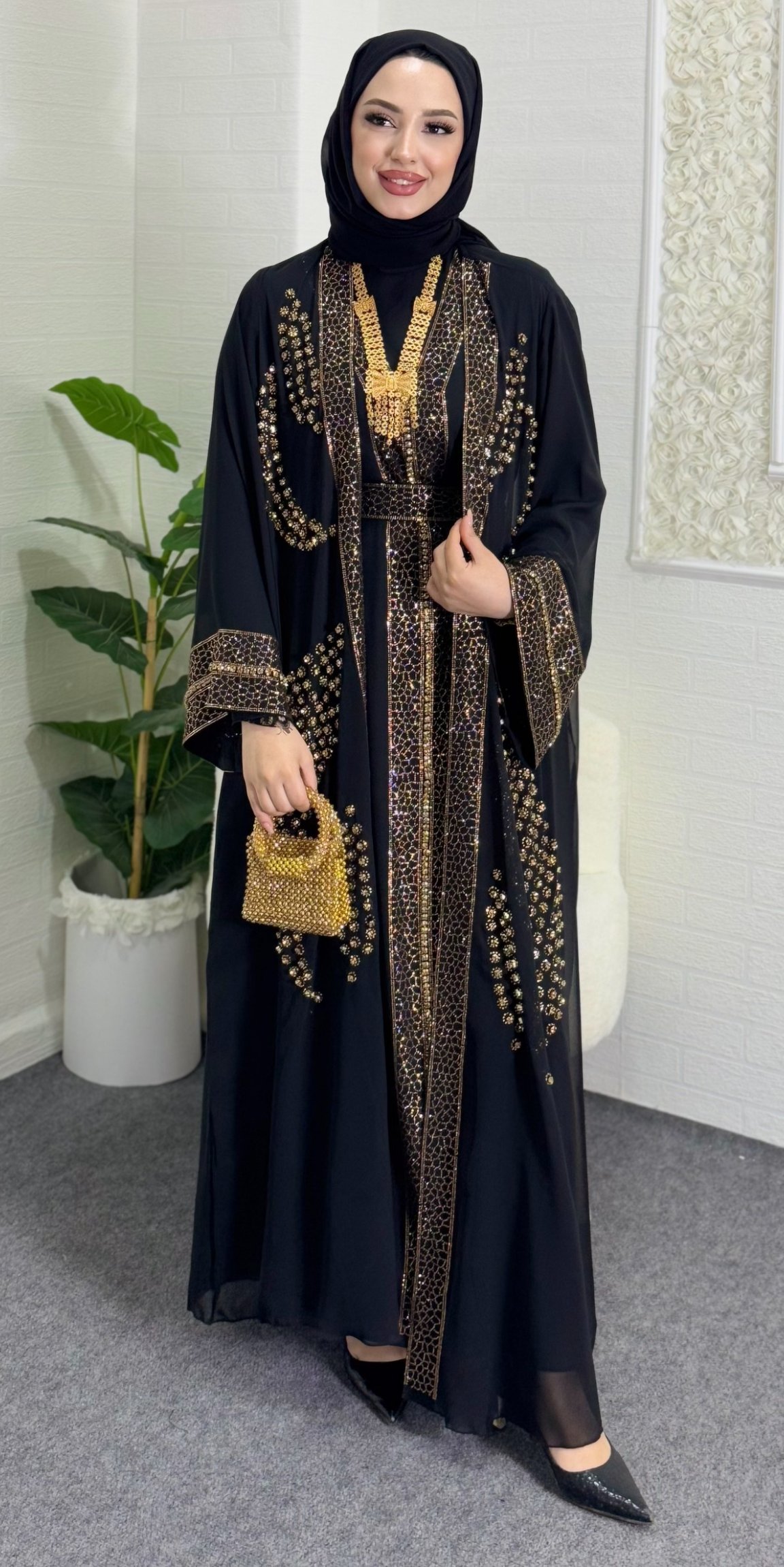 Önü Açık Gold Yöresel Abaya