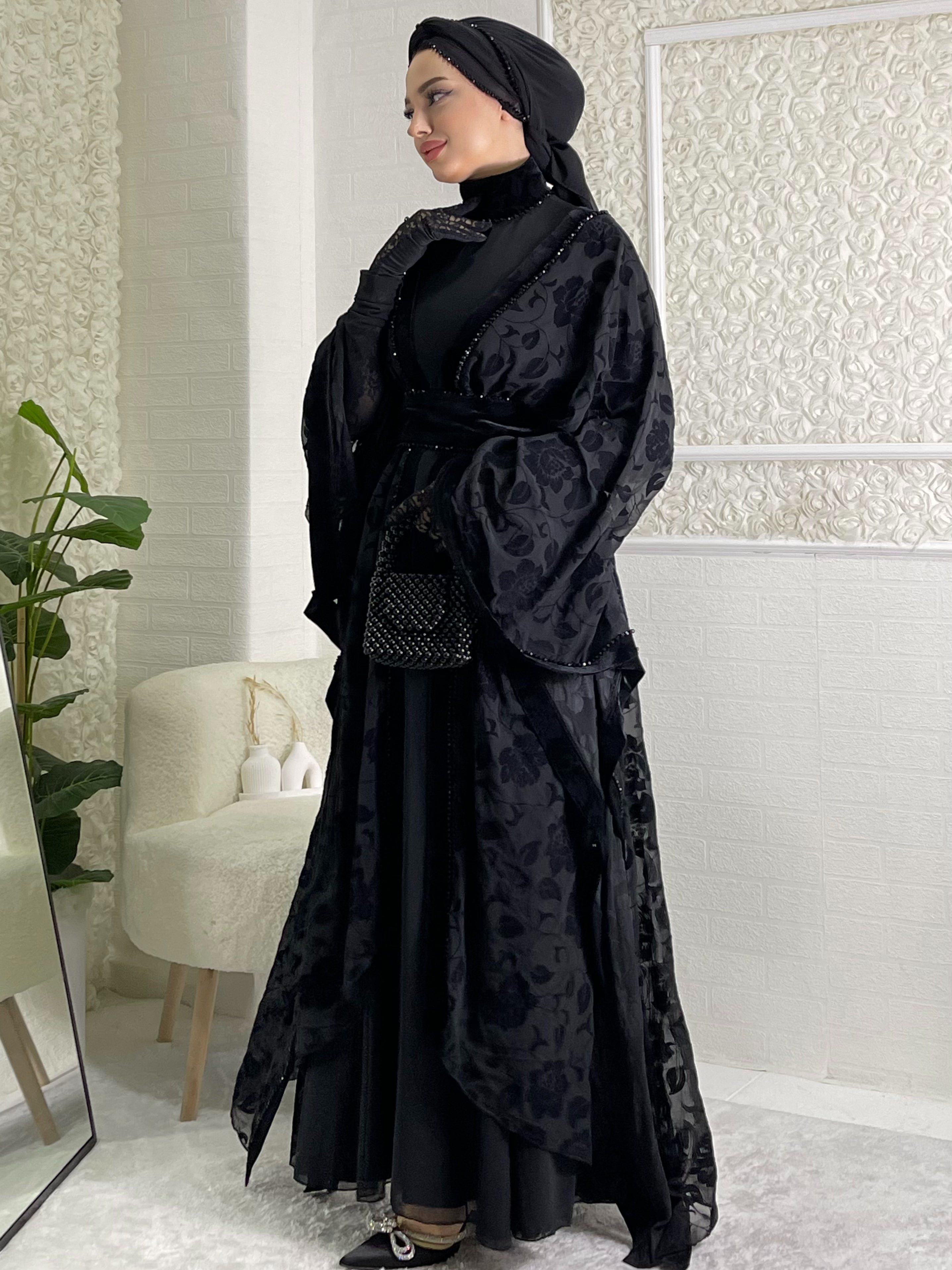 Black Beaded Flock Printed Rose Patterned Stylish Abaya