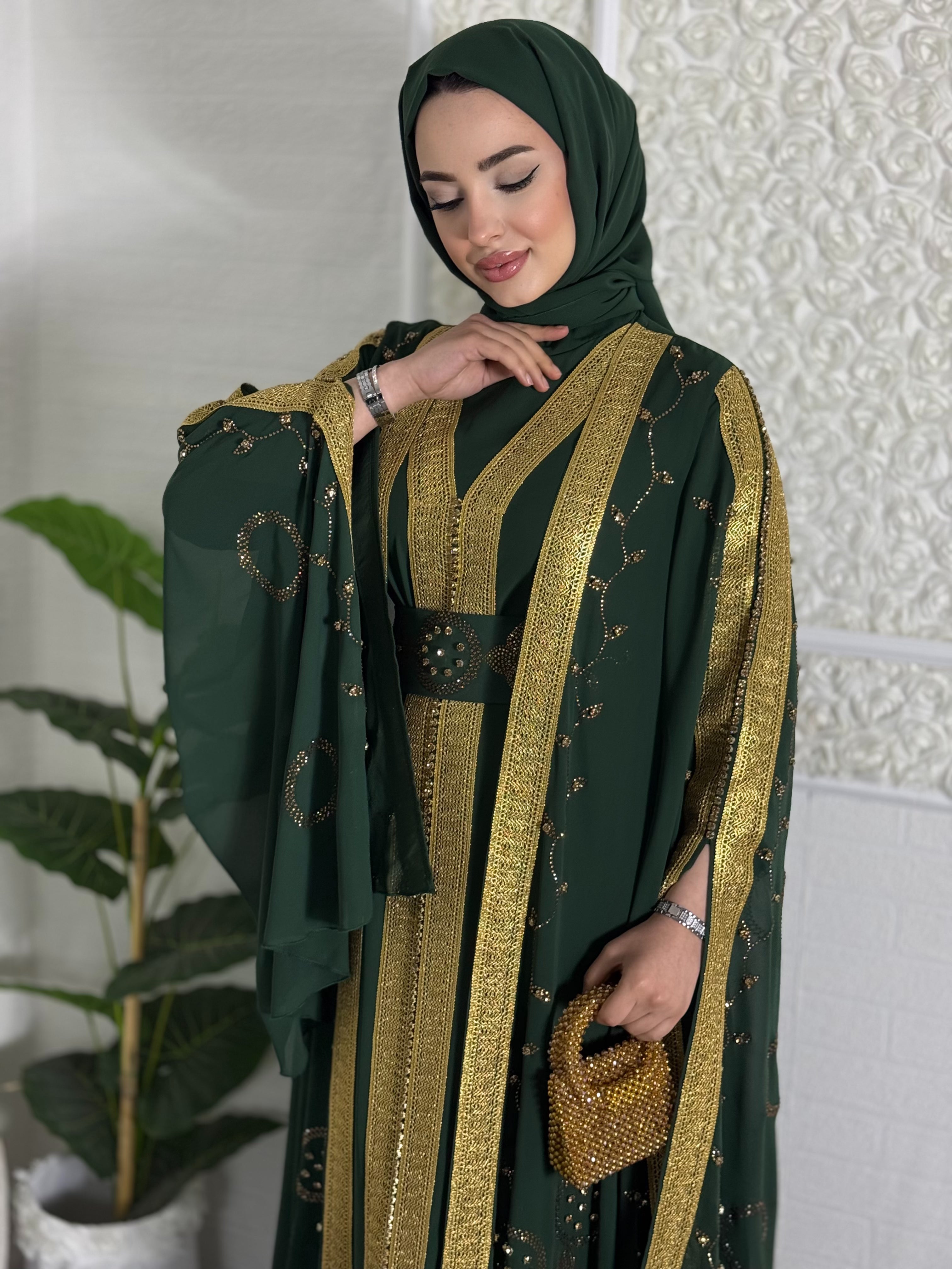 Önü Açık Gold taşli yeşil Yöresel Abaya