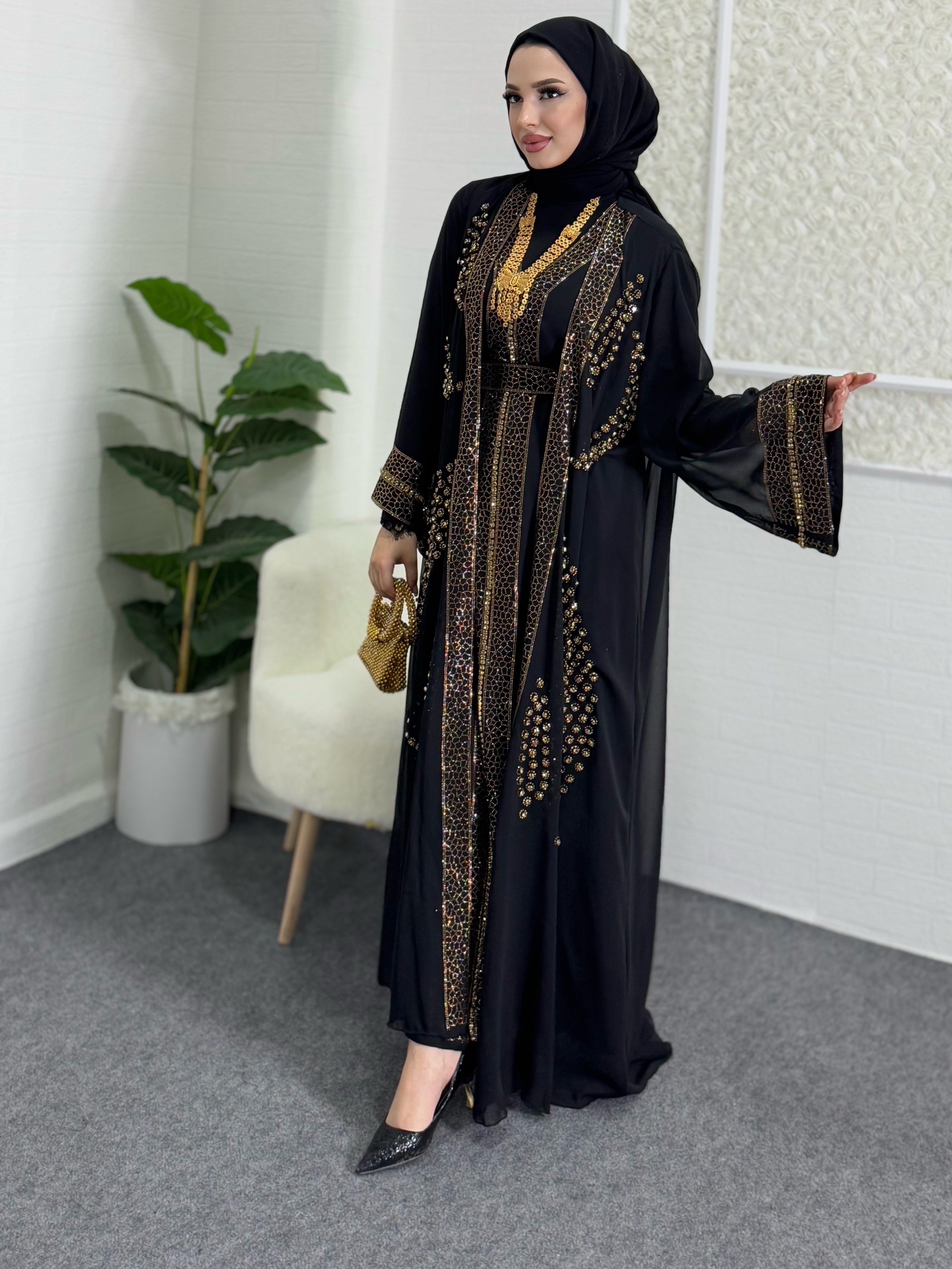 Önü Açık Gold Yöresel Abaya