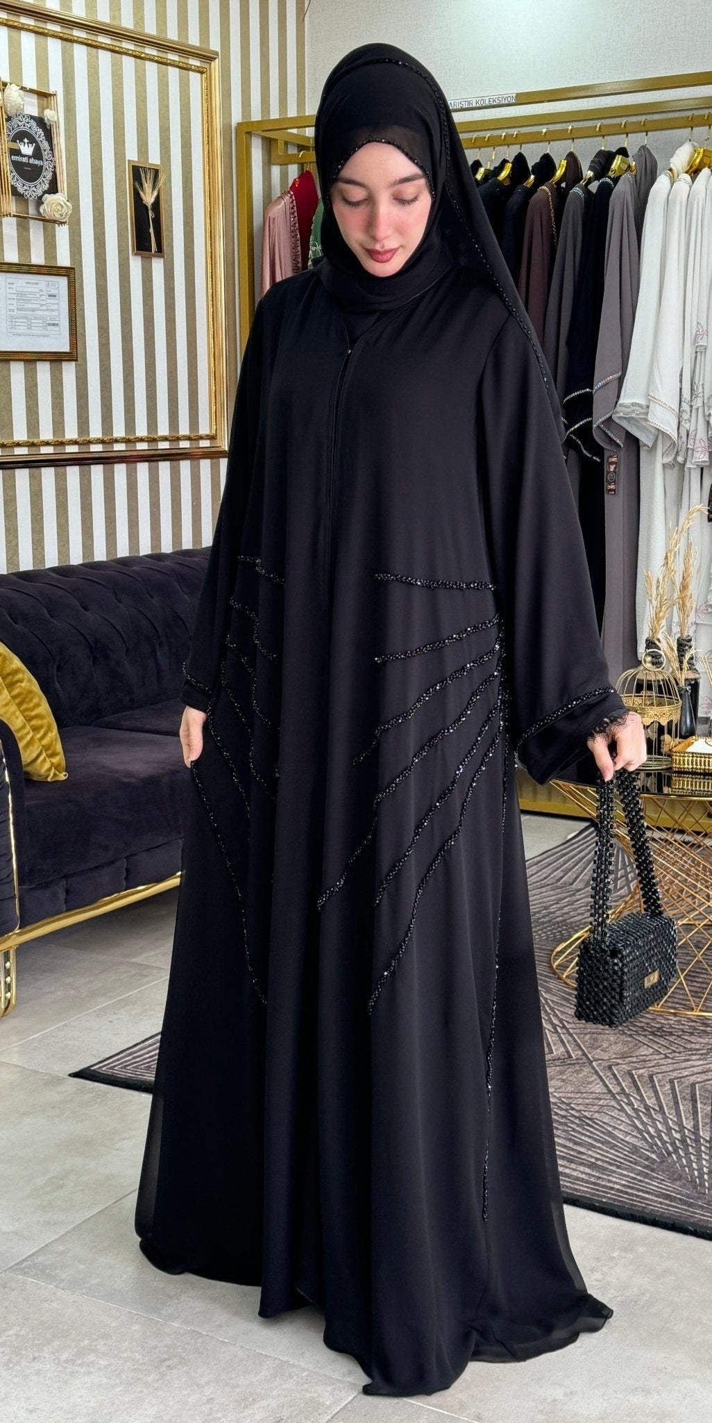 Shadow Seraph Handcrafted Black Stone Bat Wing Abaya - Emirati Abaya TRShadow Seraph Handcrafted Black Stone Bat Wing Abaya