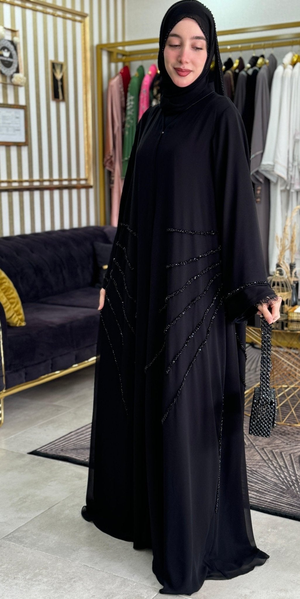 Shadow Seraph Handcrafted Black Stone Bat Wing Abaya - Emirati Abaya TRShadow Seraph Handcrafted Black Stone Bat Wing Abaya