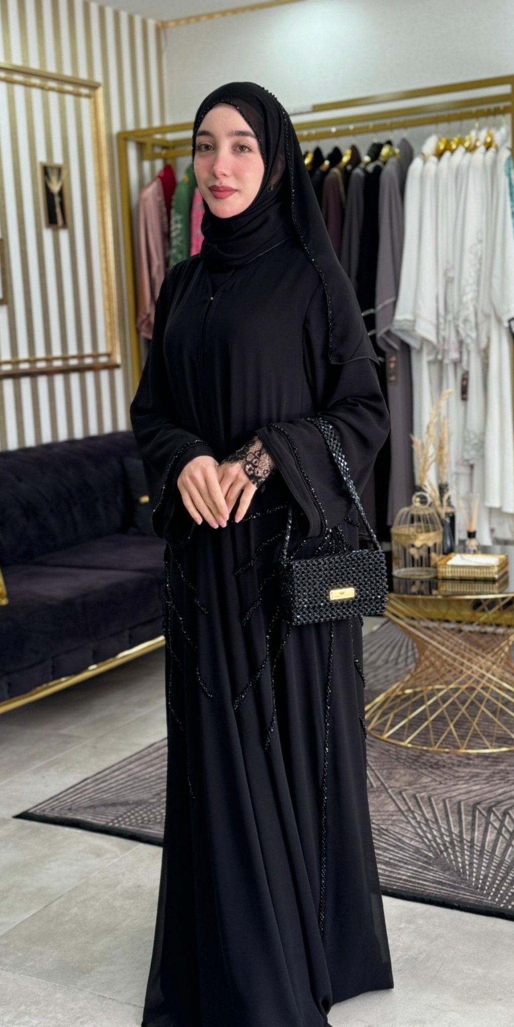 Shadow Seraph Handcrafted Black Stone Bat Wing Abaya - Emirati Abaya TRShadow Seraph Handcrafted Black Stone Bat Wing Abaya