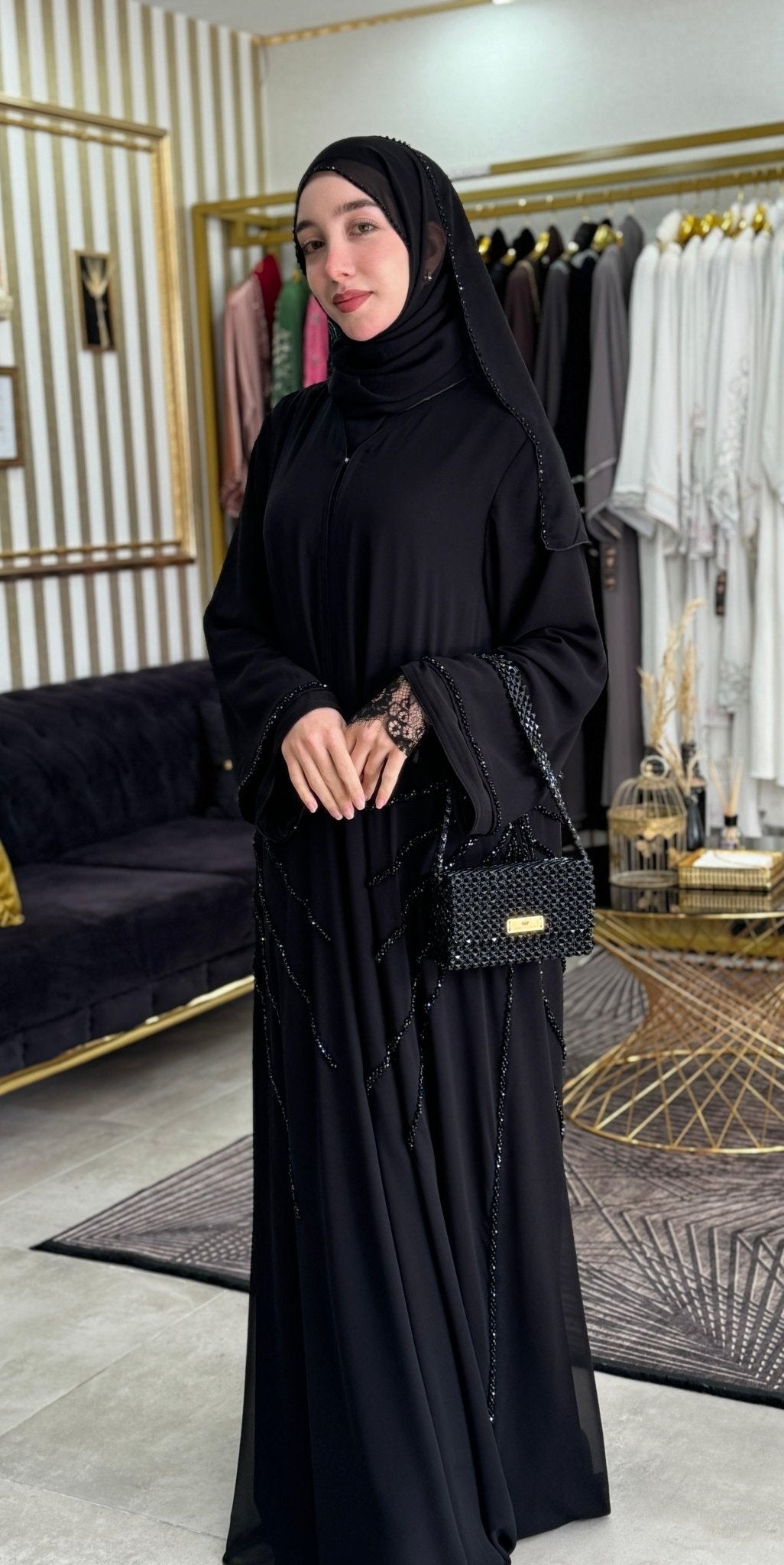 Shadow Seraph Handcrafted Black Stone Bat Wing Abaya - Emirati Abaya TRShadow Seraph Handcrafted Black Stone Bat Wing Abaya