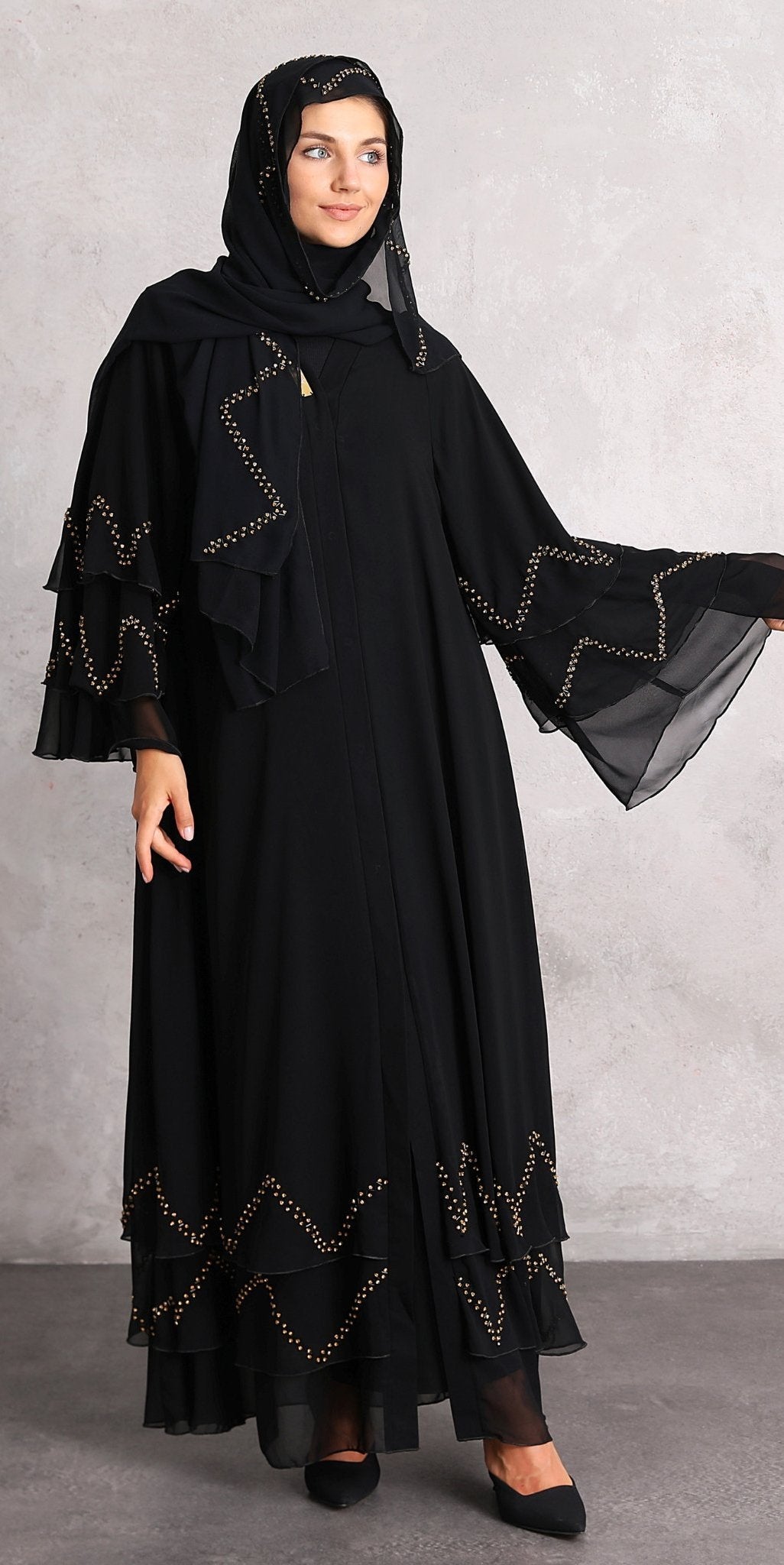 Sophisticated Sparkle: Chiffon Abaya with Handmade Golden Stone - Emirati Abaya TRSophisticated Sparkle: Chiffon Abaya with Handmade Golden Stone