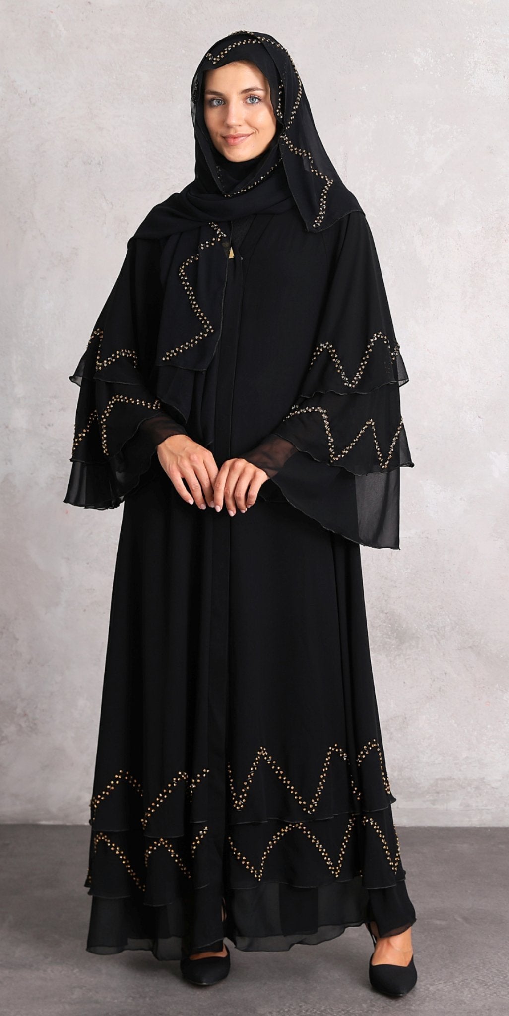 Sophisticated Sparkle: Chiffon Abaya with Handmade Golden Stone - Emirati Abaya TRSophisticated Sparkle: Chiffon Abaya with Handmade Golden Stone