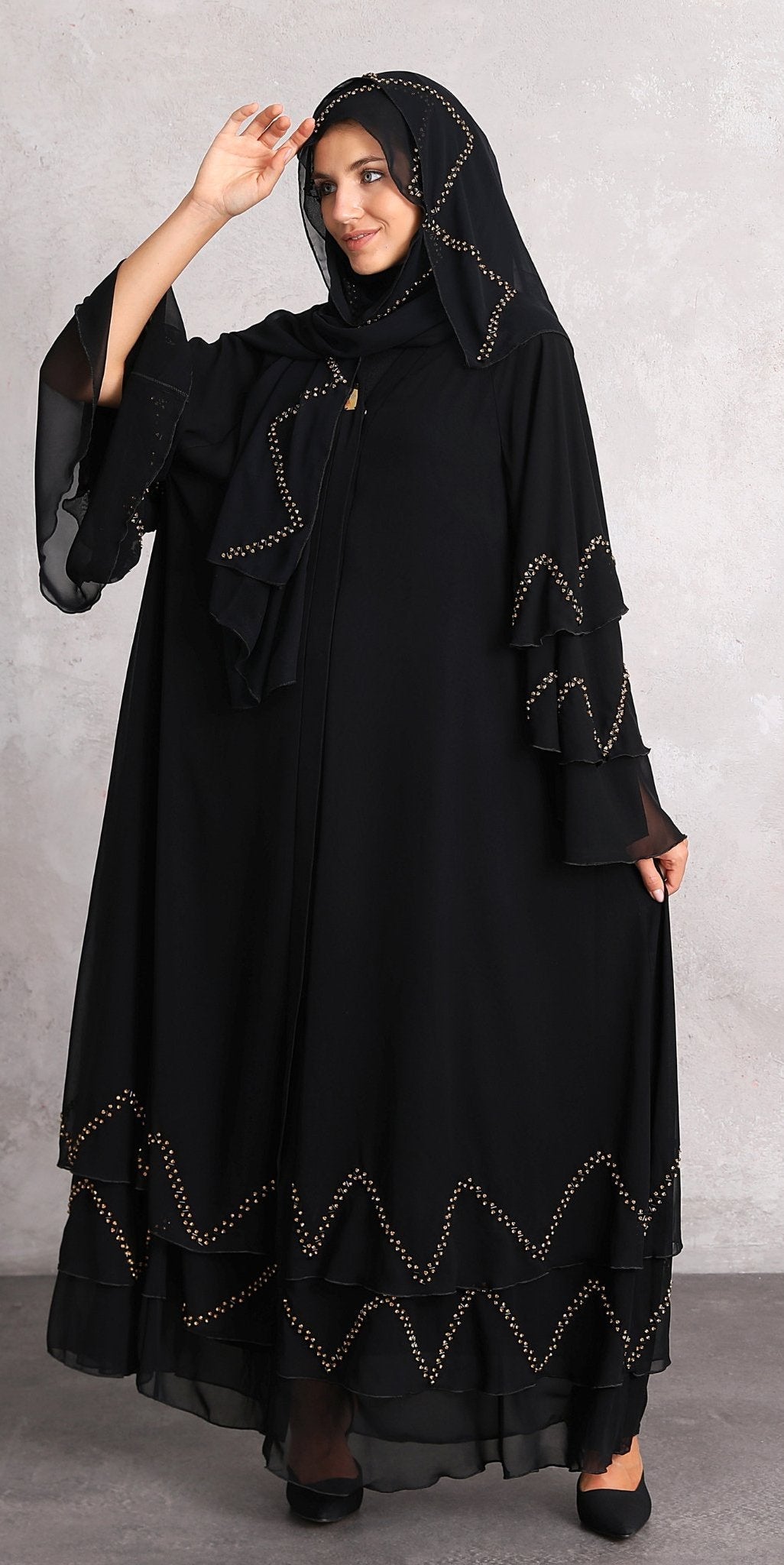 Sophisticated Sparkle: Chiffon Abaya with Handmade Golden Stone - Emirati Abaya TRSophisticated Sparkle: Chiffon Abaya with Handmade Golden Stone