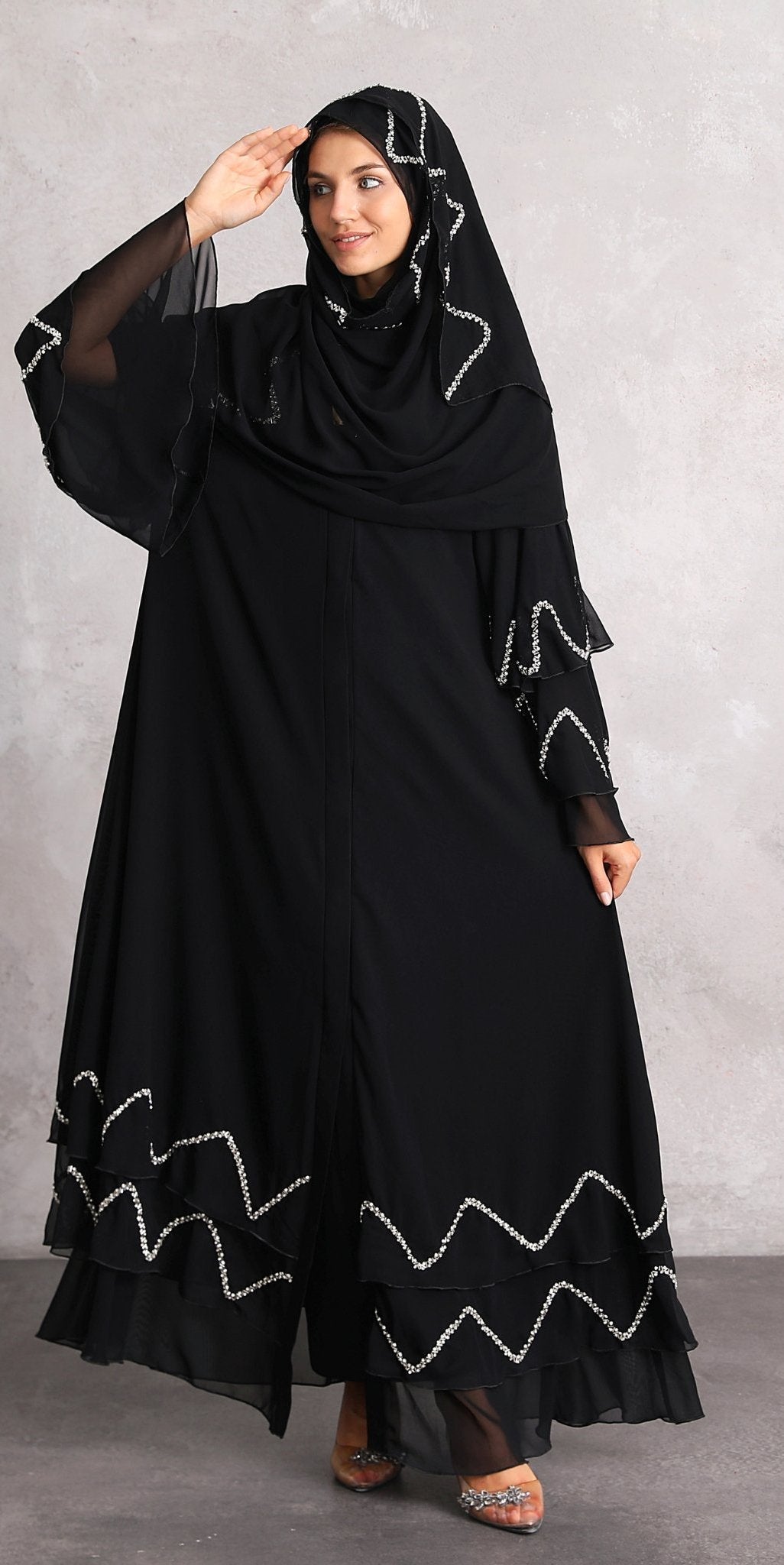 Sophisticated Sparkle: Chiffon Abaya with Handmade White Crystal Stones - Emirati Abaya TRSophisticated Sparkle: Chiffon Abaya with Handmade White Crystal Stones