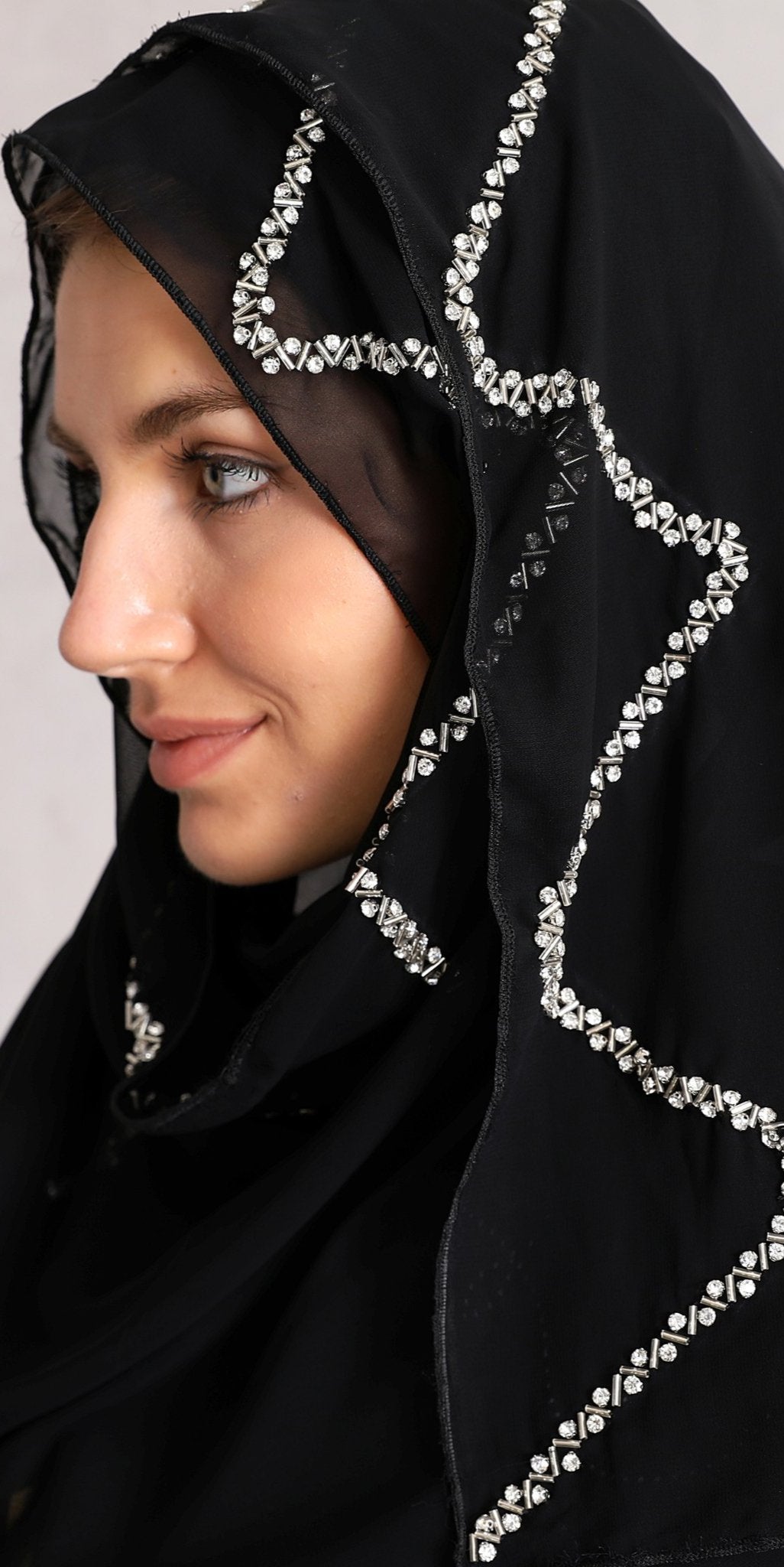 Sophisticated Sparkle: Chiffon Abaya with Handmade White Crystal Stones - Emirati Abaya TRSophisticated Sparkle: Chiffon Abaya with Handmade White Crystal Stones