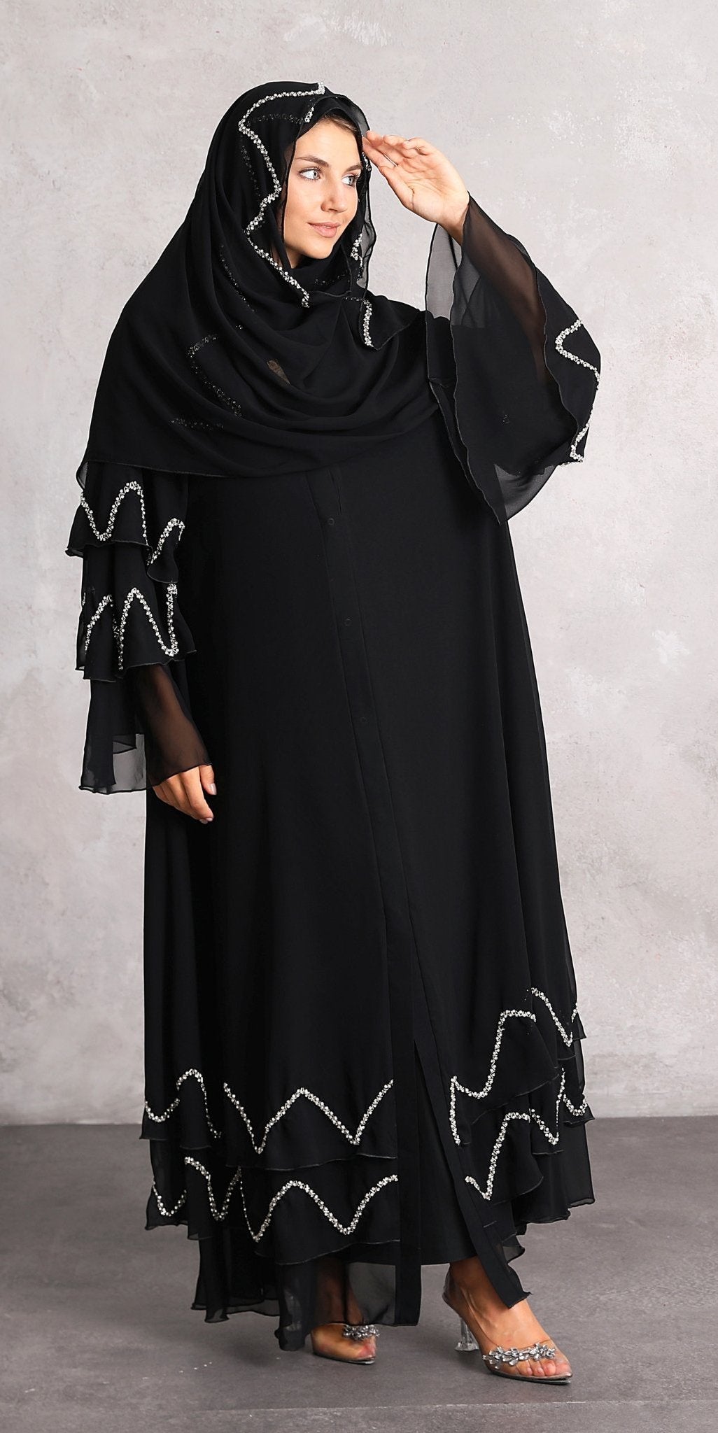 Sophisticated Sparkle: Chiffon Abaya with Handmade White Crystal Stones - Emirati Abaya TRSophisticated Sparkle: Chiffon Abaya with Handmade White Crystal Stones