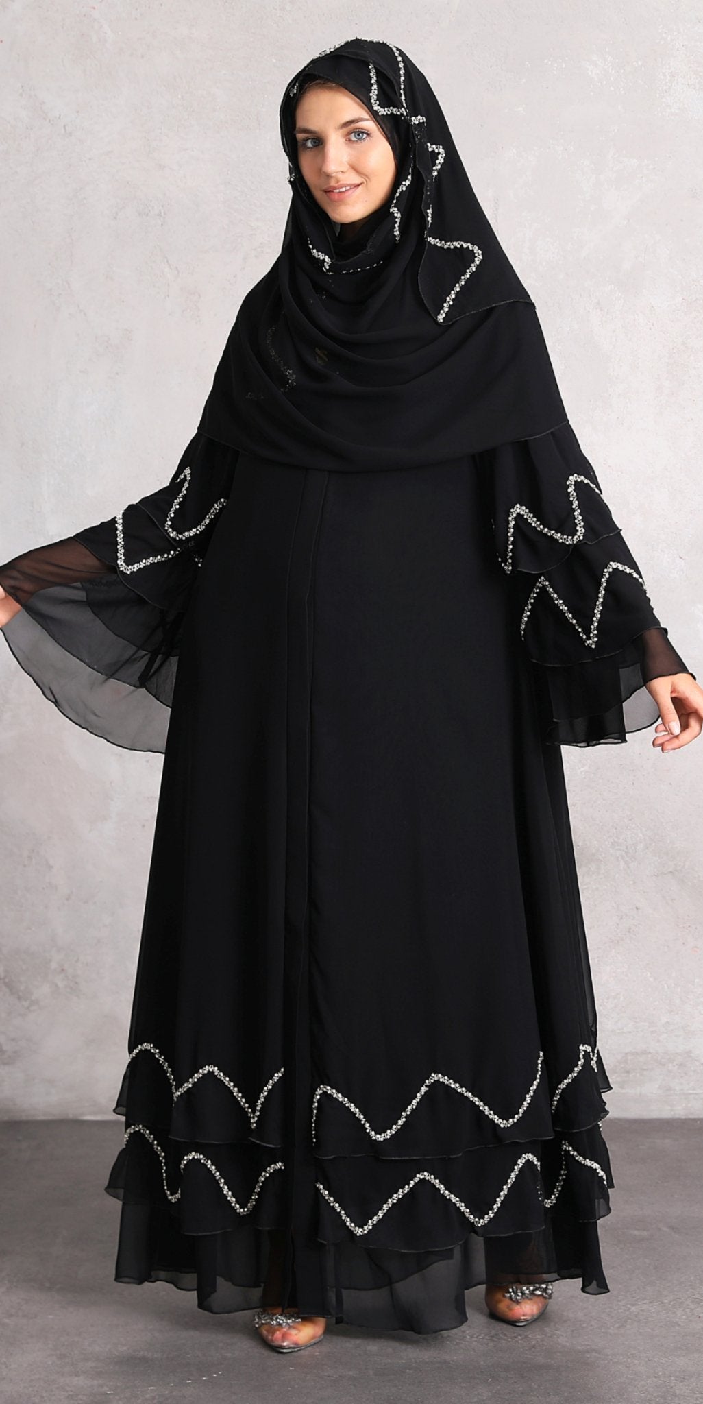 Sophisticated Sparkle: Chiffon Abaya with Handmade White Crystal Stones - Emirati Abaya TRSophisticated Sparkle: Chiffon Abaya with Handmade White Crystal Stones