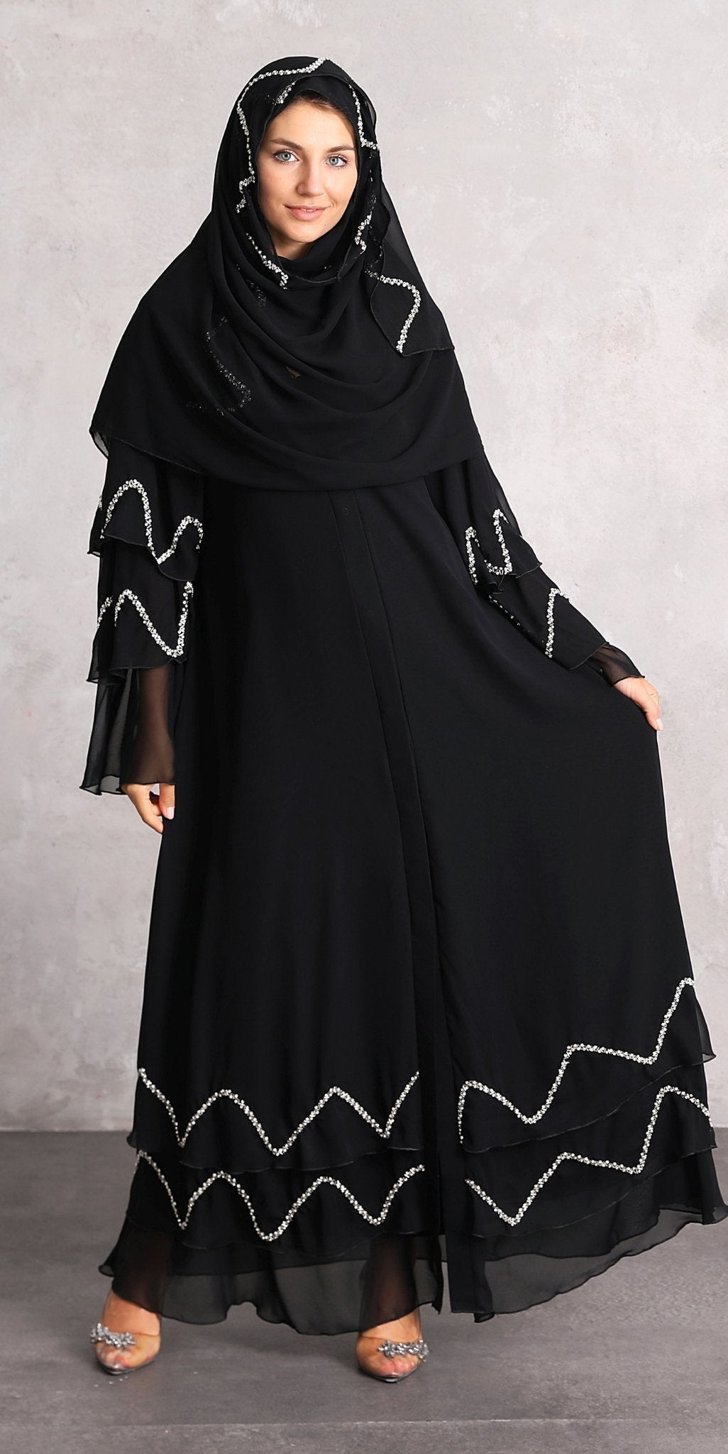 Sophisticated Sparkle: Chiffon Abaya with Handmade White Crystal Stones - Emirati Abaya TRSophisticated Sparkle: Chiffon Abaya with Handmade White Crystal Stones