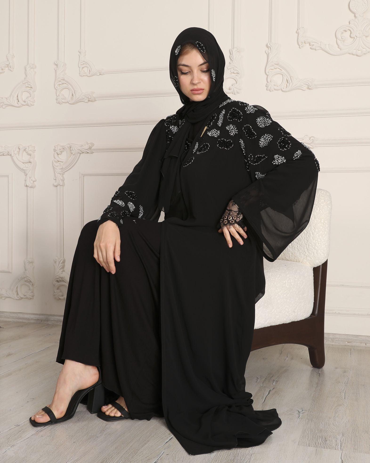 Timeless Elegance: Black Chiffon Abaya with Handmade Stones - Emirati Abaya TRTimeless Elegance: Black Chiffon Abaya with Handmade Stones