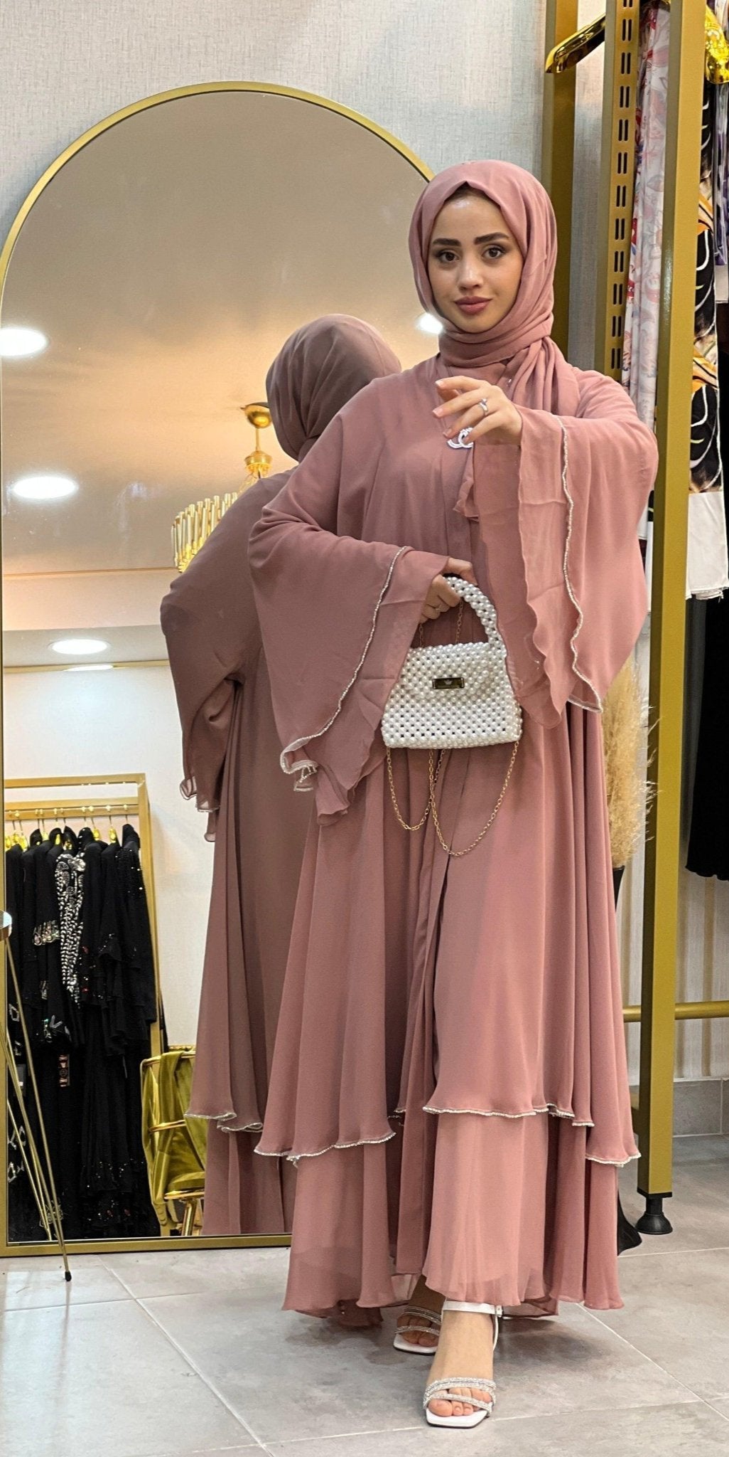 Two Layer Pink Swarovski Abaya - Emirati Abaya TRTwo Layer Pink Swarovski Abaya