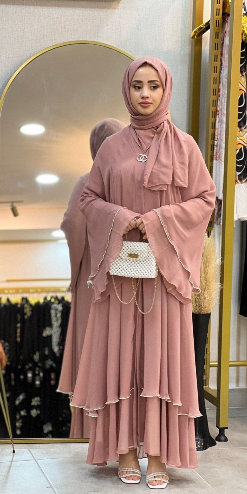 Two Layer Pink Swarovski Abaya - Emirati Abaya TRTwo Layer Pink Swarovski Abaya