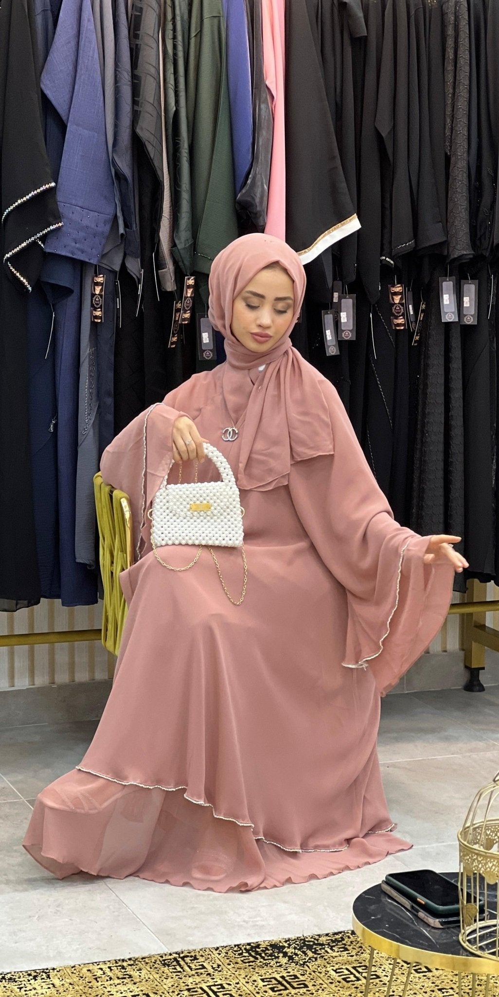Two Layer Pink Swarovski Abaya - Emirati Abaya TRTwo Layer Pink Swarovski Abaya