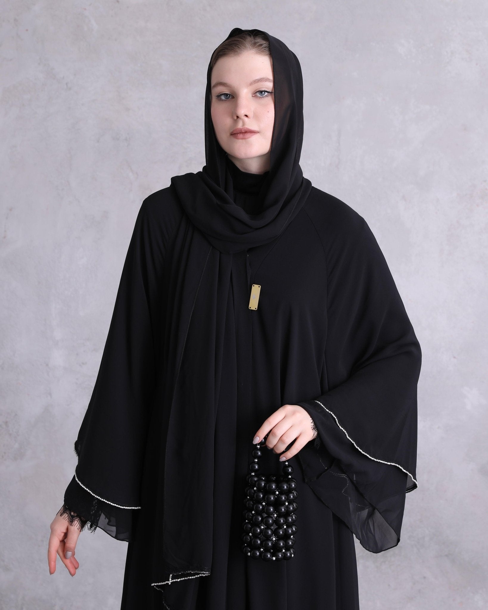 Two - layered Delight with Swarovski Stones Abaya - Emirati Abaya TRTwo - layered Delight with Swarovski Stones Abaya