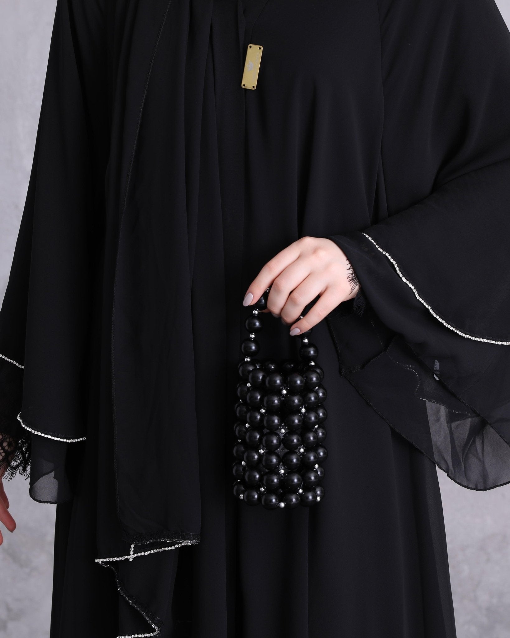 Two - layered Delight with Swarovski Stones Abaya - Emirati Abaya TRTwo - layered Delight with Swarovski Stones Abaya