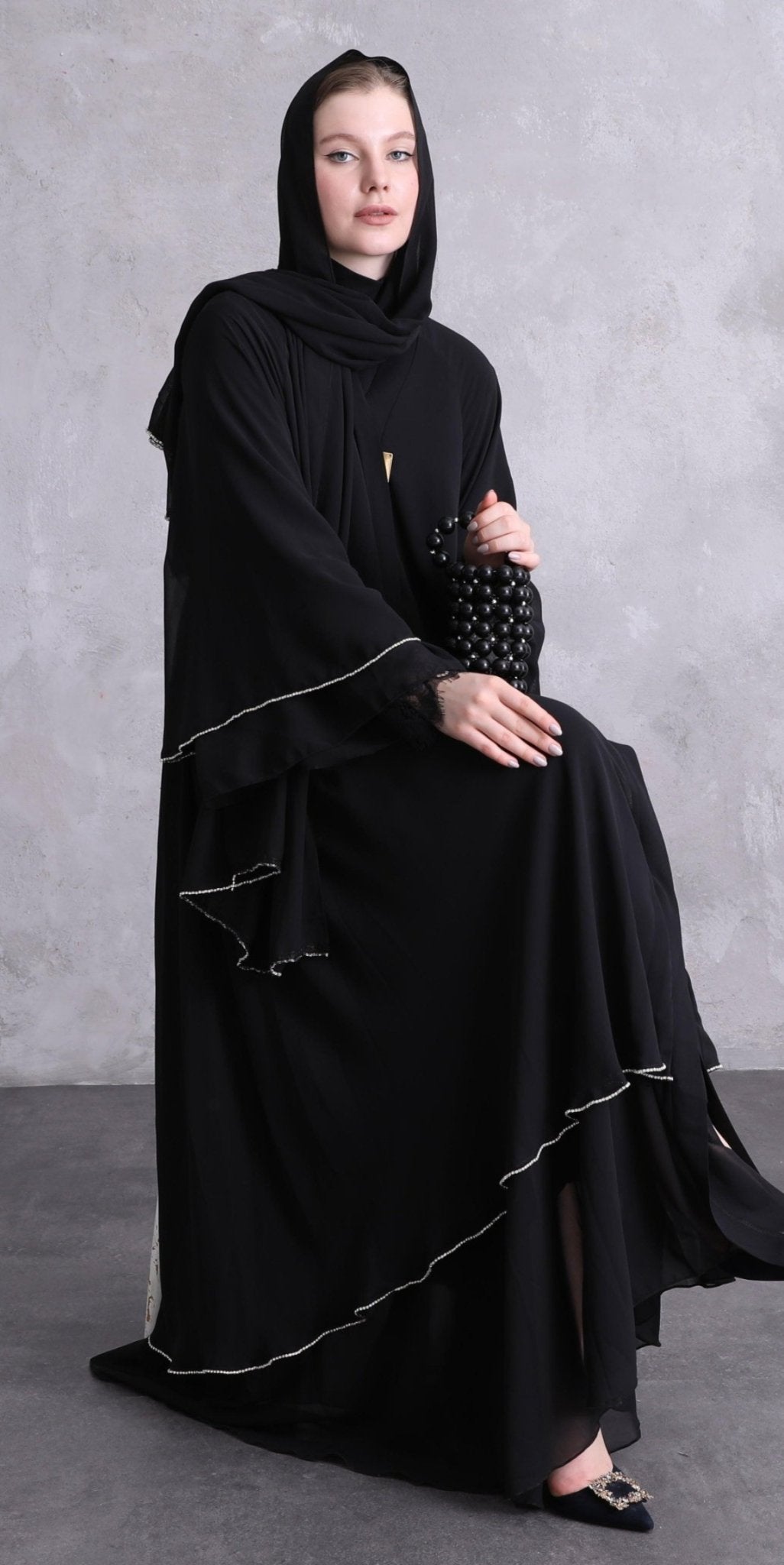 Two - layered Delight with Swarovski Stones Abaya - Emirati Abaya TRTwo - layered Delight with Swarovski Stones Abaya