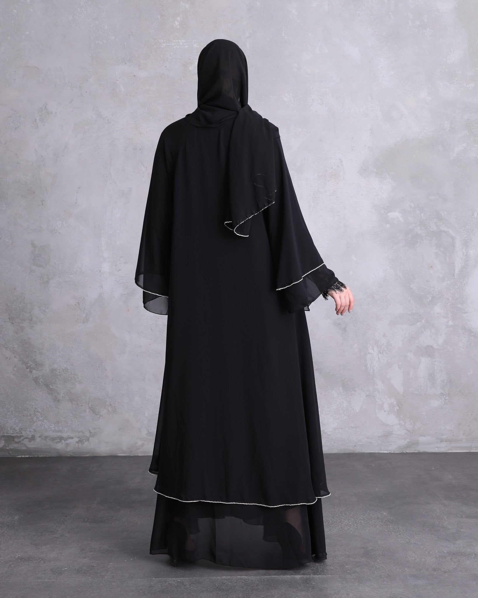 Two - layered Delight with Swarovski Stones Abaya - Emirati Abaya TRTwo - layered Delight with Swarovski Stones Abaya