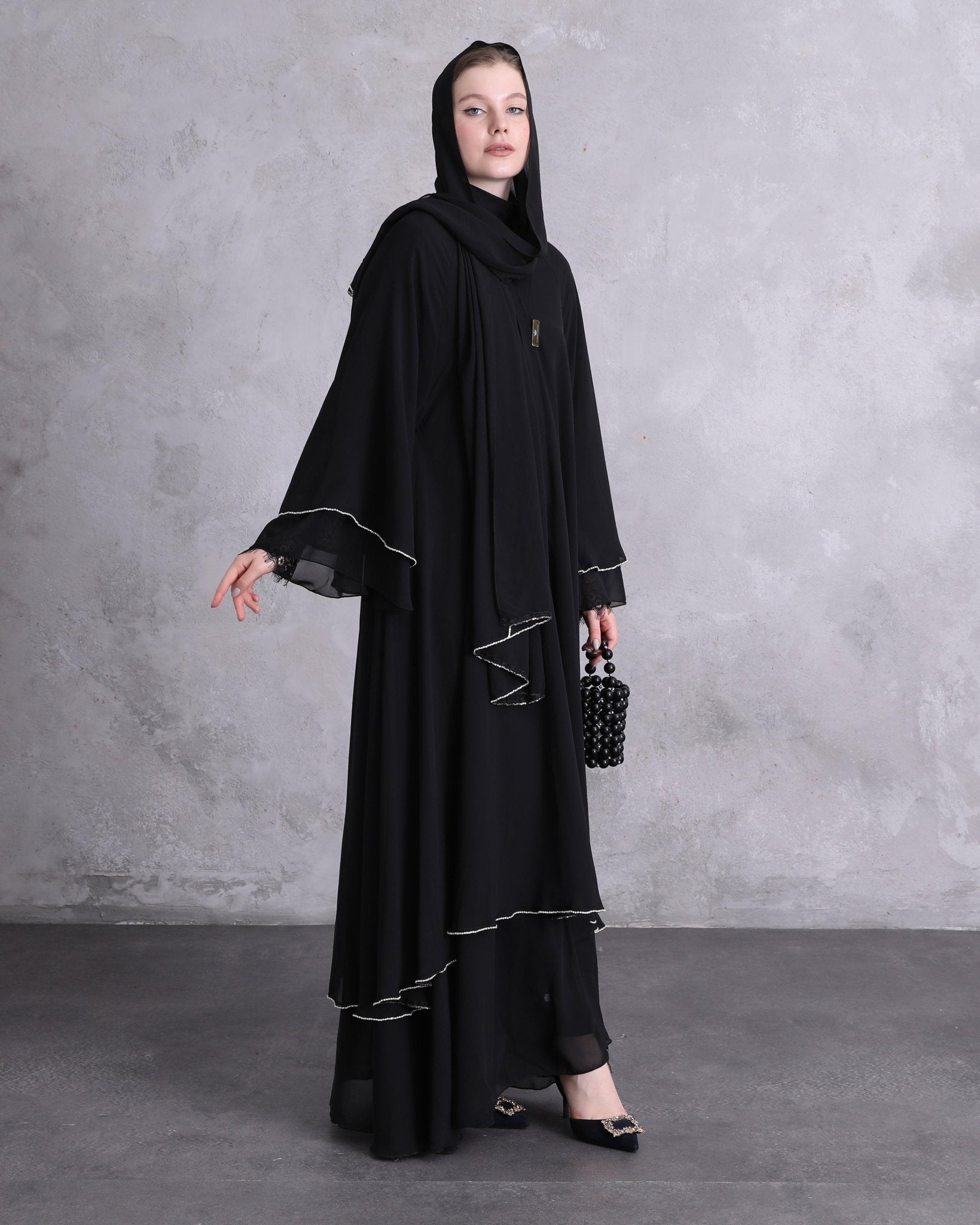 Two - layered Delight with Swarovski Stones Abaya - Emirati Abaya TRTwo - layered Delight with Swarovski Stones Abaya