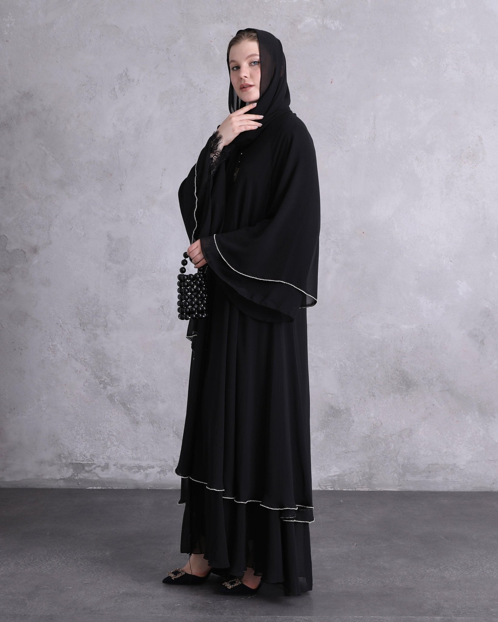 Two - layered Delight with Swarovski Stones Abaya - Emirati Abaya TRTwo - layered Delight with Swarovski Stones Abaya