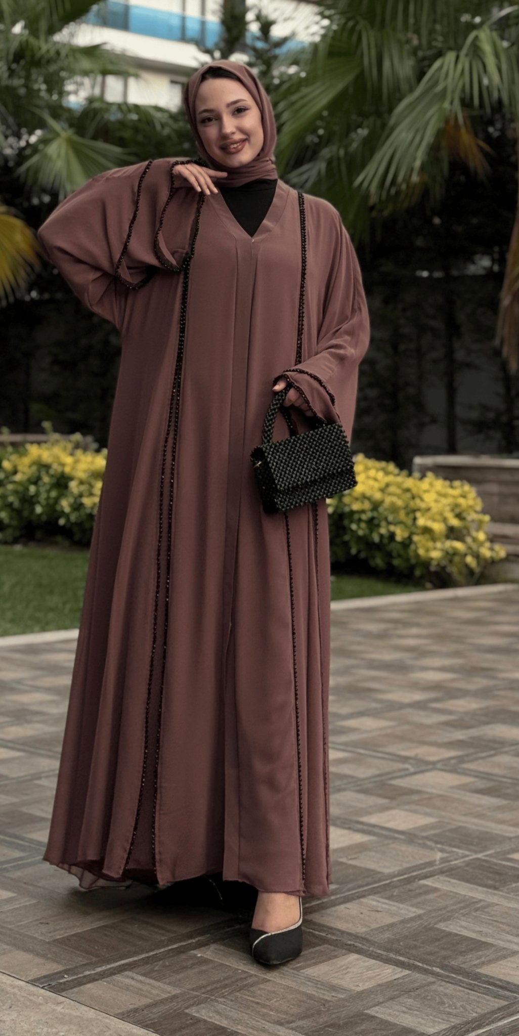 Vizon Luxe Side Open Abaya with Black Stones Hand Made - Emirati Abaya TRVizon Luxe Side Open Abaya with Black Stones Hand Made