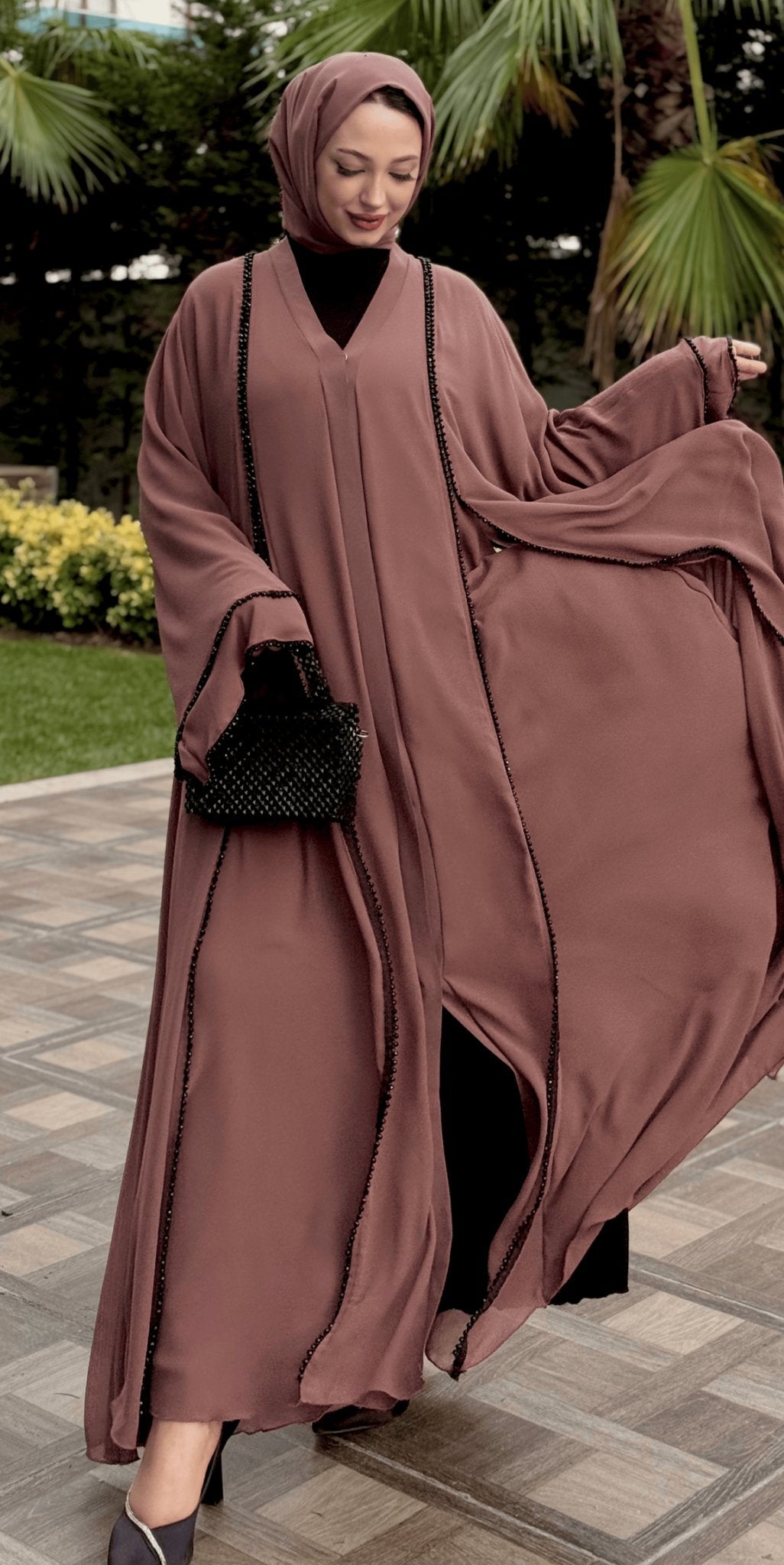 Vizon Luxe Side Open Abaya with Black Stones Hand Made - Emirati Abaya TRVizon Luxe Side Open Abaya with Black Stones Hand Made