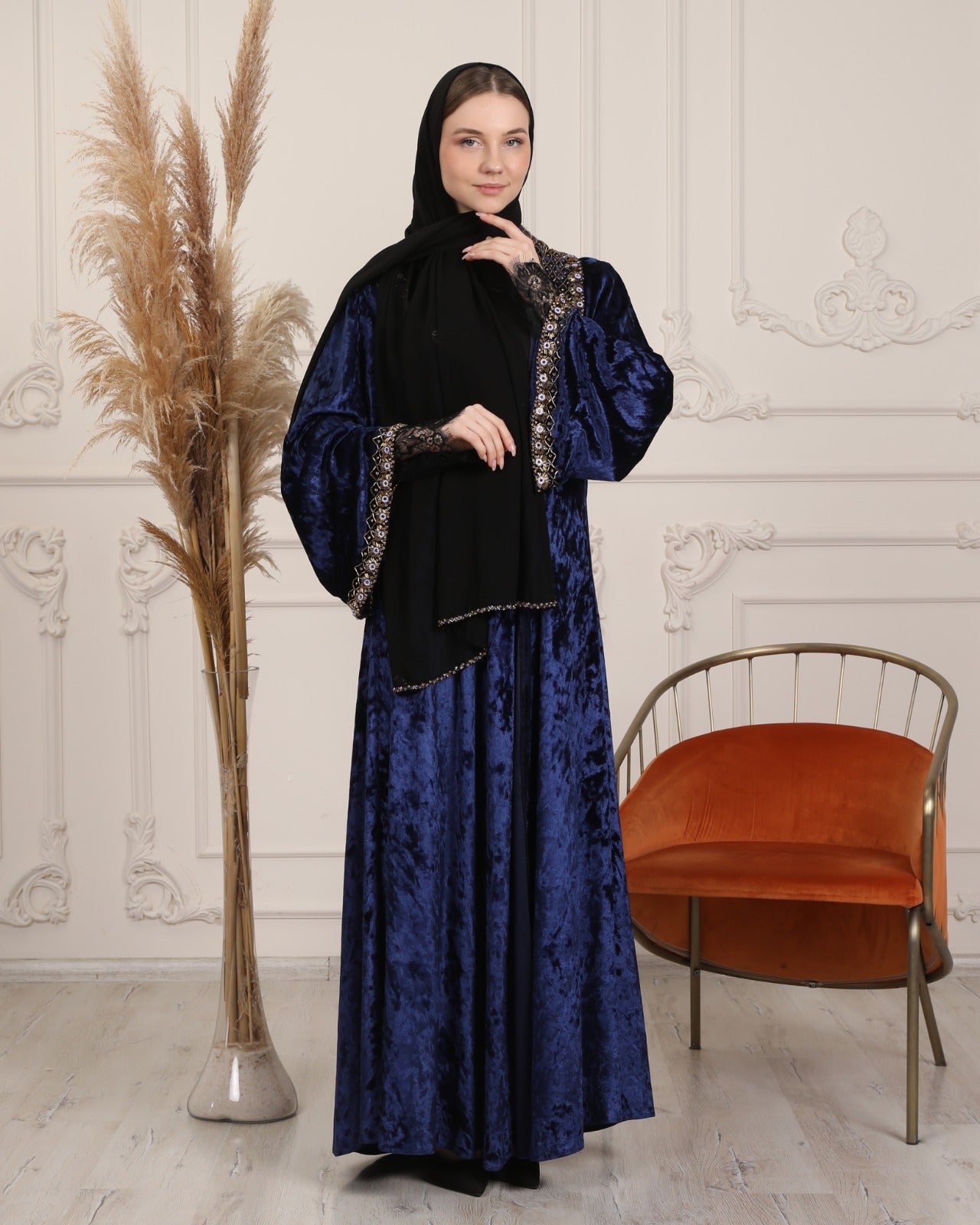 Elegant Wide Collar Handmade Stone Abaya