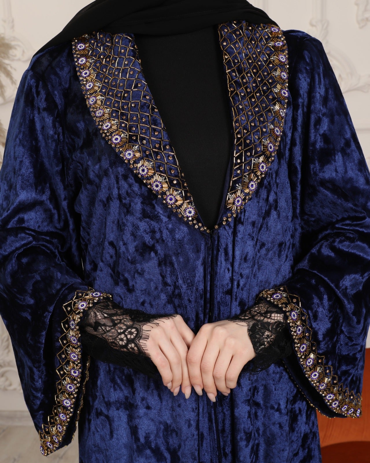 Elegant Wide Collar Handmade Stone Abaya
