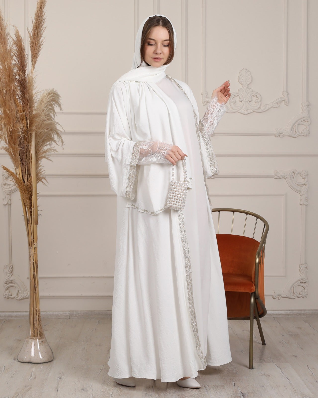 White Crystal Handmade Stone Elegant Abaya