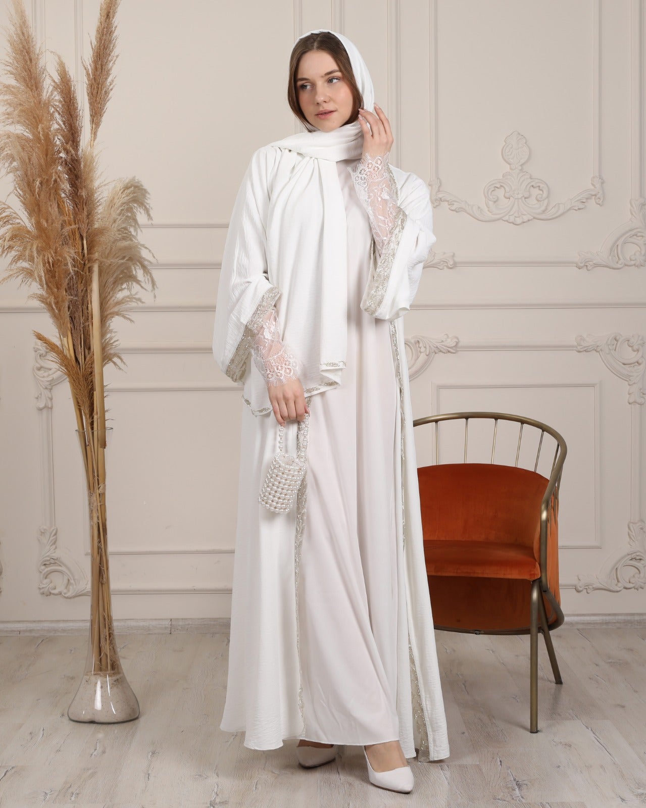 White Crystal Handmade Stone Elegant Abaya